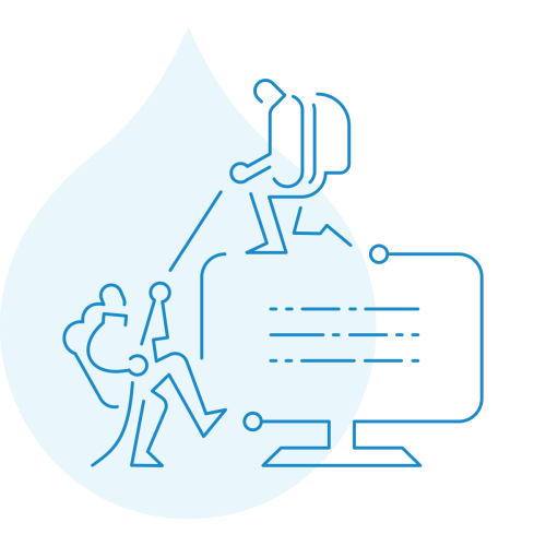 Blue line art of a hiker helping another hiker up a monitor