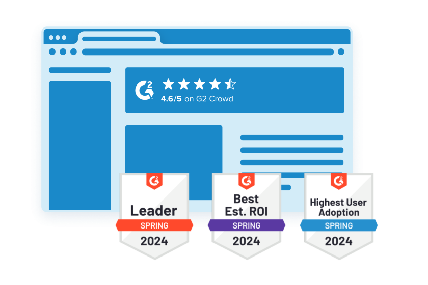 Stylized browser with various G2 badges and a score of 4.6 out of 5 on G2 Crowd