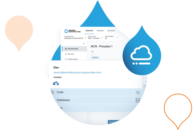 blue and orange acquia droplets with cloud platform screenshots