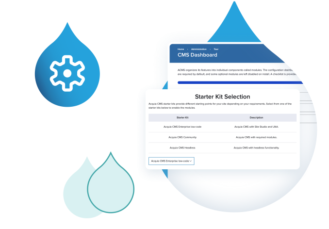 teal droplets surrounded by acquia products screenshots