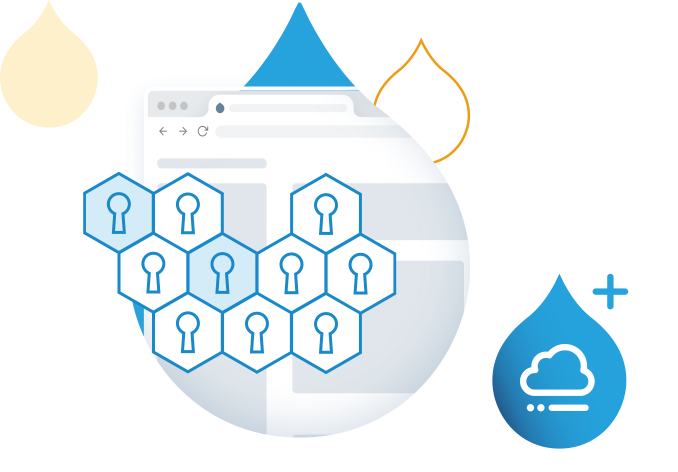 blue acquia droplets with product screenshots coming out