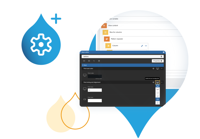 blue acquia droplets with product screenshots coming out