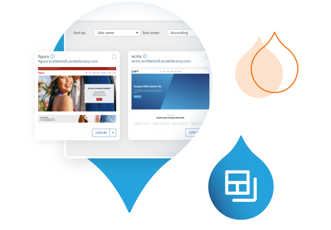 Acquia droplets with product screenshots from Site Factory