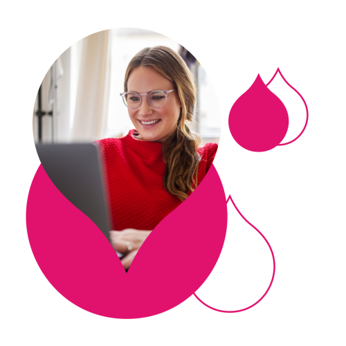 pink acquia droplets with an image of a woman in red on a computer