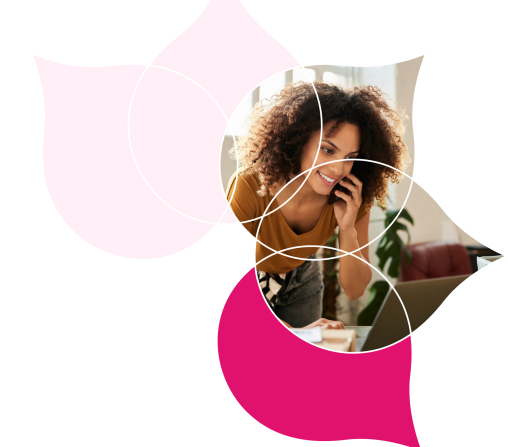 pink acquia droplets with an image of a woman on a computer