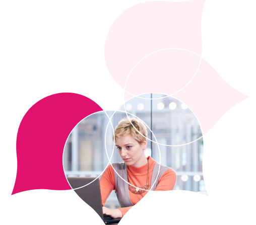 image of a person at a computer surrounded by pink droplets