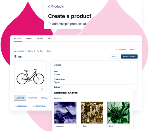 various pink acquia droplets with product screenshots of Acquia DAM