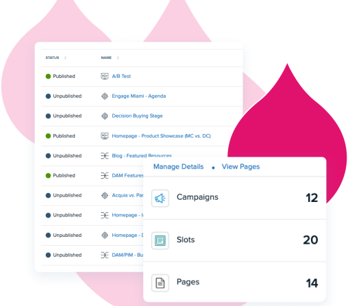 various pink acquia droplets with product screenshots of Personalization