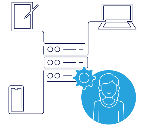 illustration of a server connected to digital devices, a cogwheel, and a woman