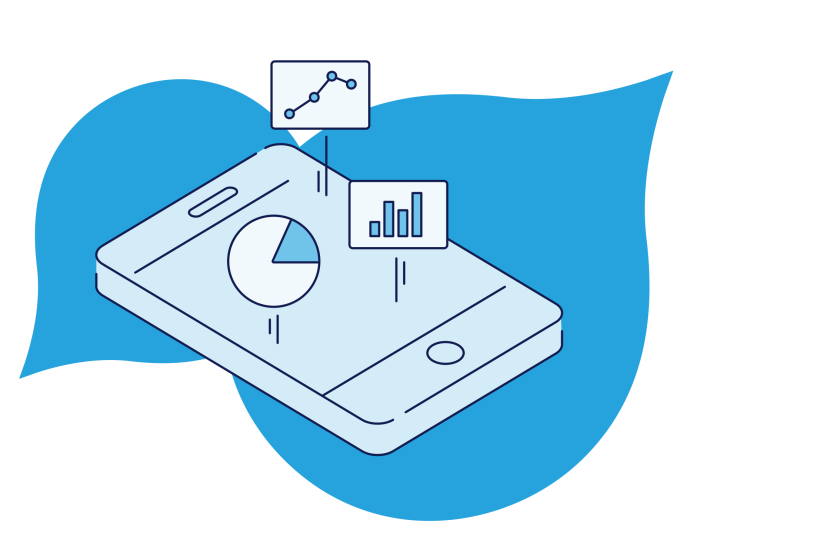 Graphic Illustration of a mobile device with different analytic charts coming out of it