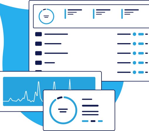 Illustration of product UI with a chart, and progress indictor and an administrative list