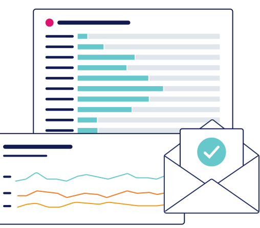 Product UI Illustration of various progress meters with an open envelope that has a check mark