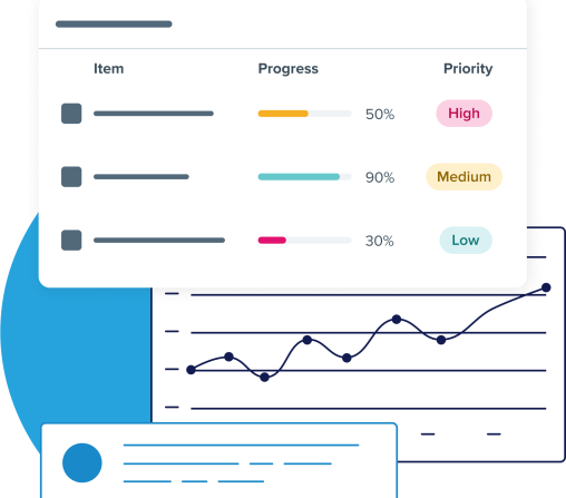 Stylized Product UI and Illustrations of various product capabilities including priority ratings