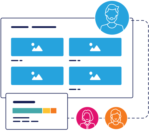 Product UI illustration of various forms of content connected ot various different users