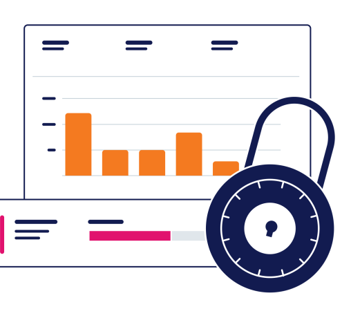 Illustrations of various charts and graphs with a lock over top