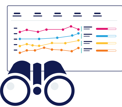 Illustrations of various charts with binoculars over them