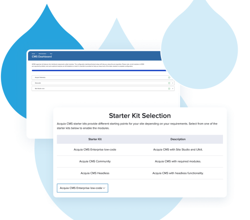 Acquia droplets with screenshots from the Acquia CMS Starter Kit