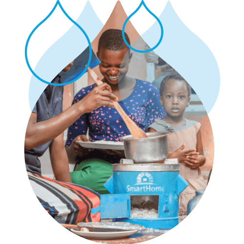 blue outlines of the acquia droplet with an image of people huddled around a one pot meal masked in an Acquia droplet