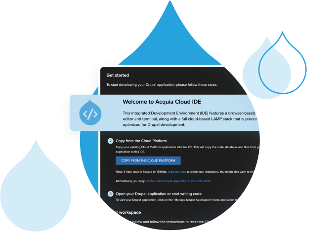 blue acquia droplets with product screenshots coming out