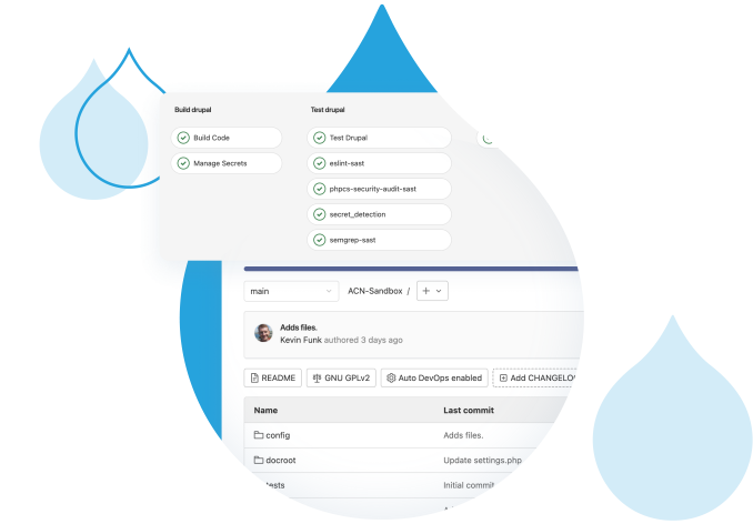 blue acquia droplets with product screenshots coming out