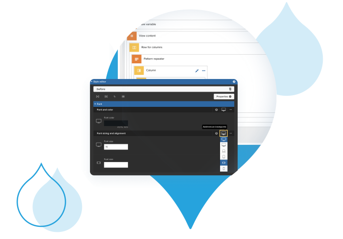 blue acquia droplets with product screenshots coming out