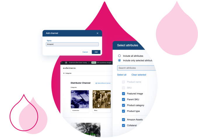 pink acquia droplets with product screenshots from Acquia DAM coming out of them