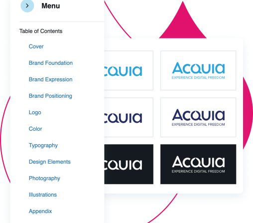 pink acquia droplets with product screenshots from Acquia DAM coming out of them