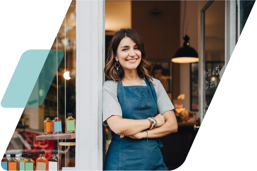 image of a person leaning against a storefront masked by a parallelogram