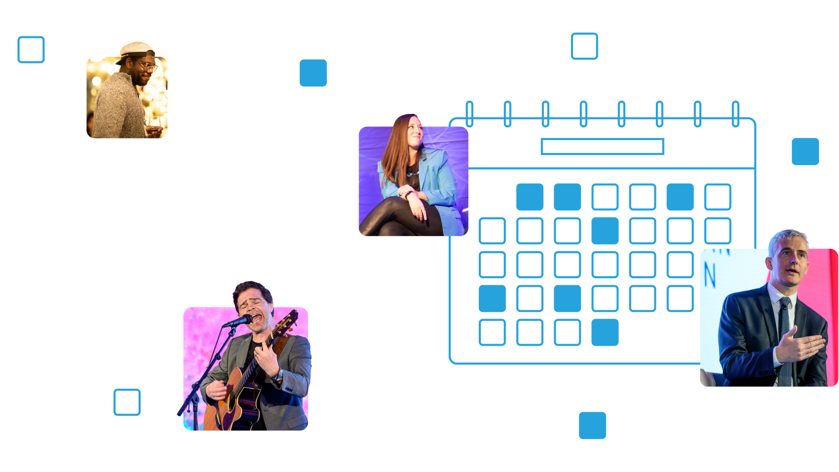 blue line art of an exploding calendar with different images of various acquia events