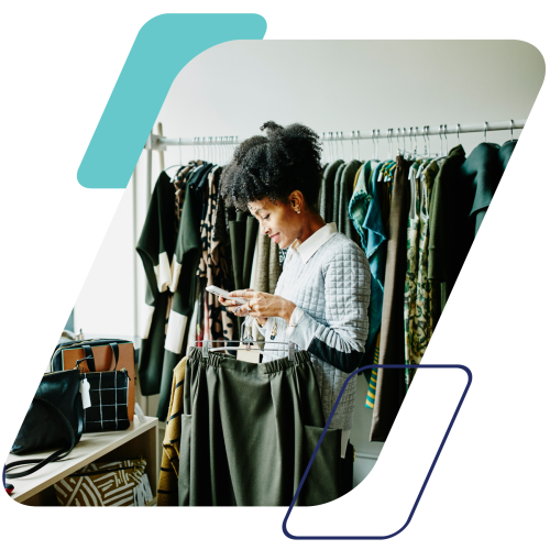 image of a woman on her phone in a store masked by a parallelogram