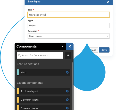 blue acquia droplets with product screenshots coming out