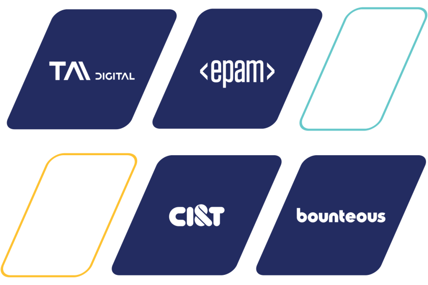 yellow and teal paralleograms outlines with logos for TA Digital, EPAM, CI&T, Bounteous