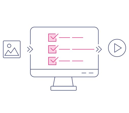 illustration of a monitor with a check list and assets moving from side to side