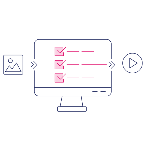 illustration of a monitor with a check list and assets moving from side to side