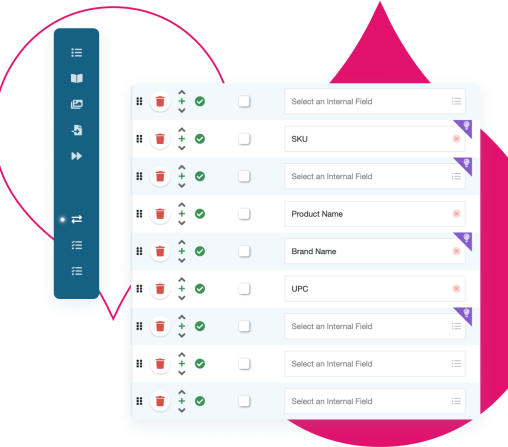 Stylized product UI showing a side nav with a list of various input fields