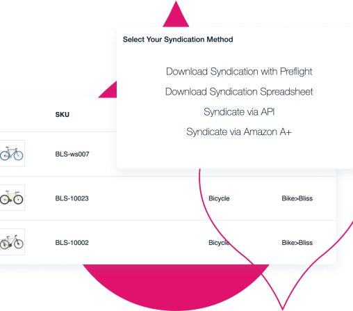 Stylized product UI showing options for syndication method and a catalog of products