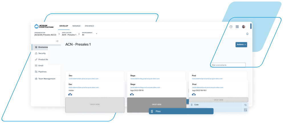 blue acquia parallelograms with product screenshots coming out