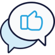 Blue Line art of a chat bubble with a thumbs up in it