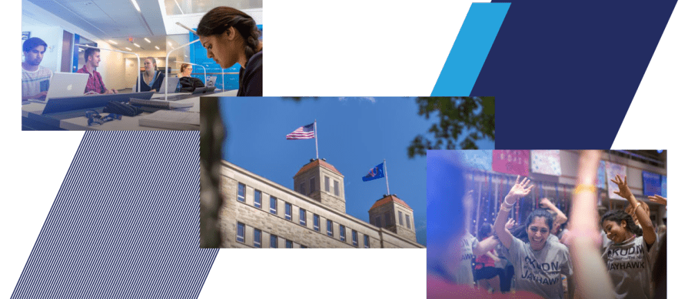 Collage of three images of students at a table, a university building and students celebrating