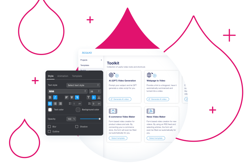 product UI from Acquia DAM Video Creator showing the toolkit page and the video style editor