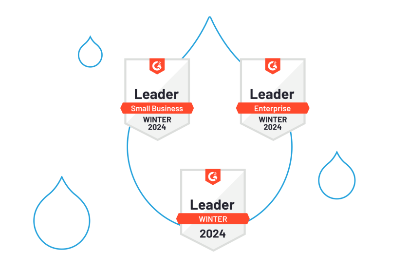 G2 award badges for mid market, summer, and enterprise leaders for 2024 Winter surrounded by blue acquia drop  outlines