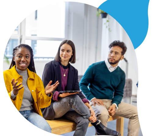 3 people chatting masked in an acquia drop logo