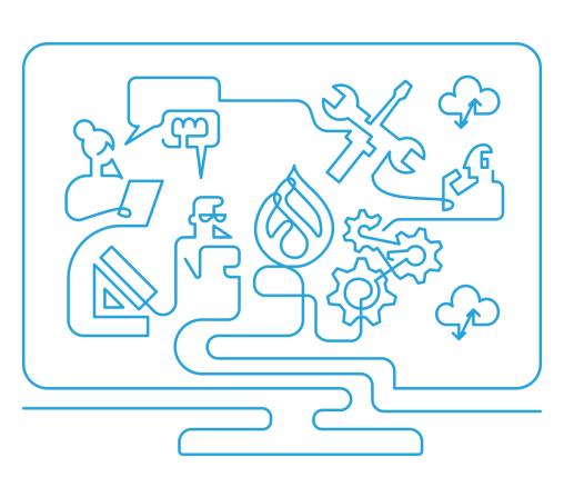 blue line art of computer with various tools and settings icons